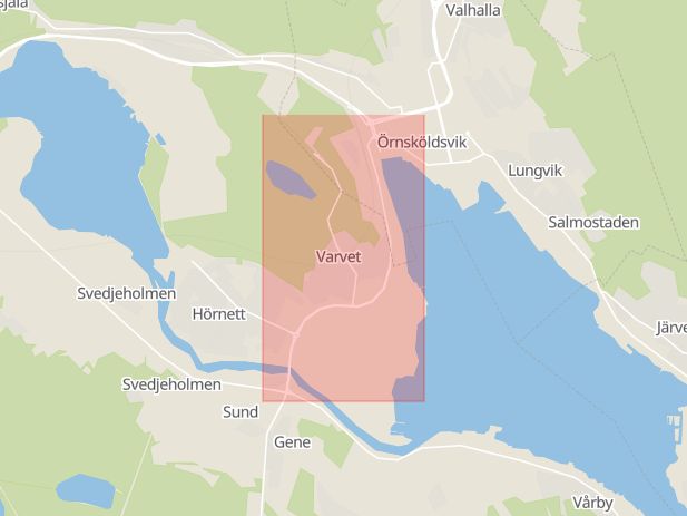 Karta som med röd fyrkant ramar in Modovägen, Örnsköldsvik, Västernorrlands län