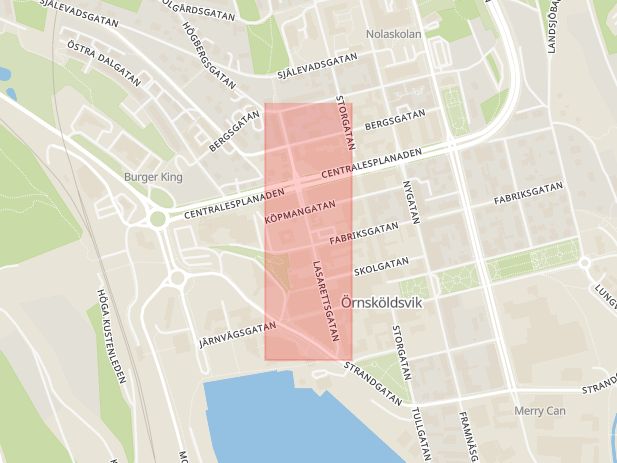 Karta som med röd fyrkant ramar in Lasarettsgatan, Örnsköldsvik, Västernorrlands län