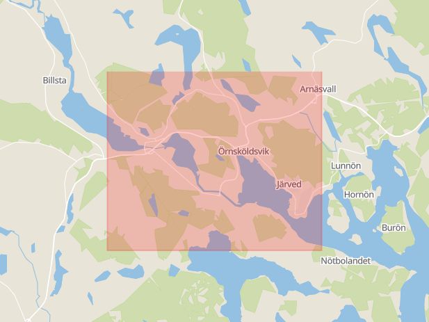 Karta som med röd fyrkant ramar in Sundsvall, Raholmsvägen, Sollefteå, Örnsköldsvik, Kramfors, Kyrkdal, Västermalm, Härnösand, Sockenvägen, Granudden, Töva, Västernorrlands län