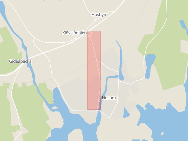 Karta som med röd fyrkant ramar in Fabriksvägen, Husum, Örnsköldsvik, Västernorrlands län
