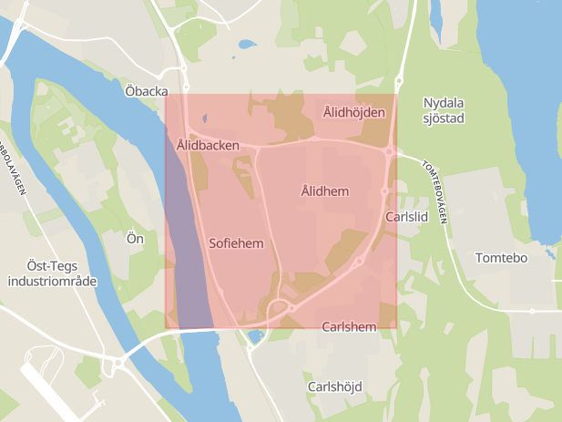 Karta som med röd fyrkant ramar in Västerbotten, Ålidhem, Umeå, Skelleftehamn, Skellefteå, Norsjö, Vilhelmina, Västerbottens län