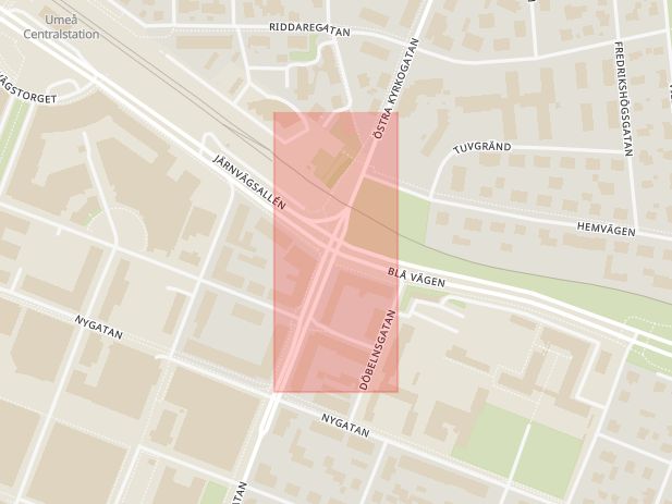 Karta som med röd fyrkant ramar in Järnvägsallén, Östra Kyrkogatan, Umeå, Västerbottens län