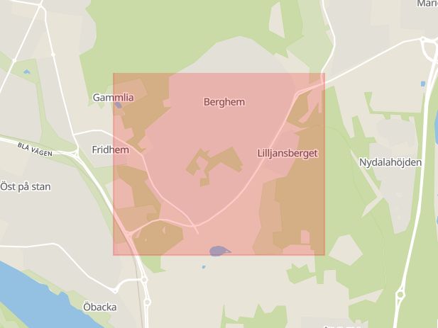 Karta som med röd fyrkant ramar in Obbola, Strombergs Väg, Berghem, Umeå, Västerbottens län