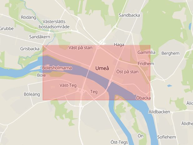 Karta som med röd fyrkant ramar in Storgatan, Östra Kyrkogatan, Umeå, Västerbottens län