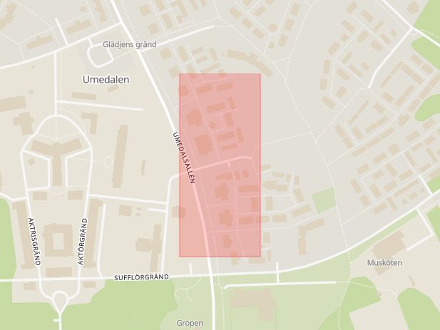 Karta som med röd fyrkant ramar in Löftets Gränd, Umedalen, Umeå, Västerbottens län