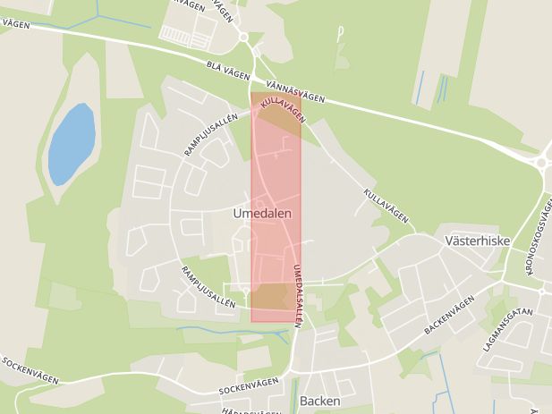 Karta som med röd fyrkant ramar in Västerbotten, Brännland, Umeå, Umedalsallén, Umedalen, Storuman, Solbacken, Skellefteå, Västerbottens län