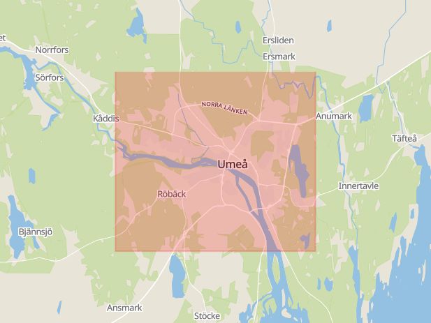 Karta som med röd fyrkant ramar in Storgatan, Esplanaden, Umeå, Västerbottens län