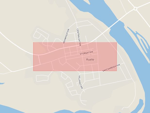 Karta som med röd fyrkant ramar in Storgatan, Åsele, Västerbottens län