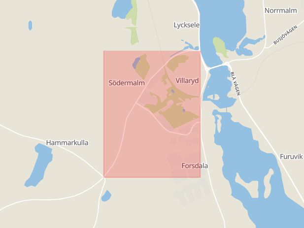 Karta som med röd fyrkant ramar in Bratten, Vilhelminavägen, Södermalm, Lycksele, Skellefteå, Umeå, Flurkmark, Västerbottens län