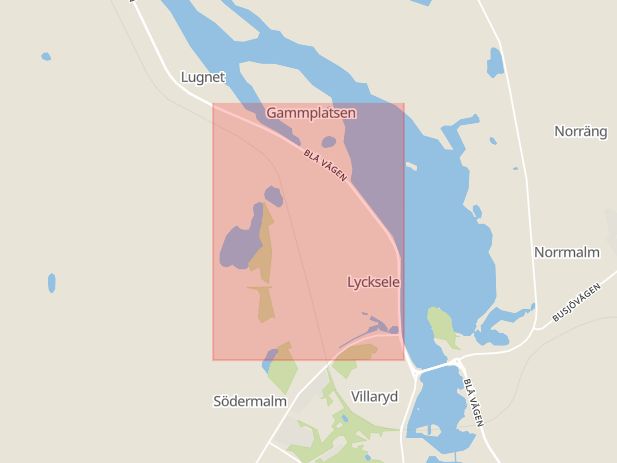 Karta som med röd fyrkant ramar in Lycksele, Storgatan, Västerbotten, Västerbottens län