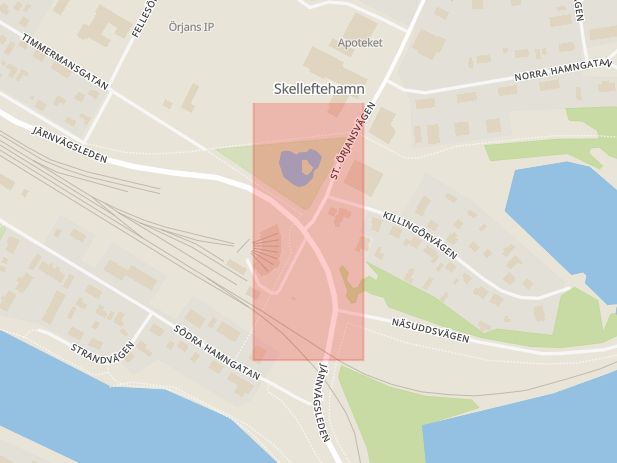 Karta som med röd fyrkant ramar in Skellefteå, Skelleftehamn, Umeå, Nya Skravelsjövägen, Böleäng, Västerbottens län