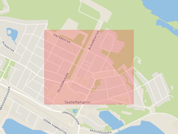 Karta som med röd fyrkant ramar in Vintergatan, Skellefteå, Västerbottens län