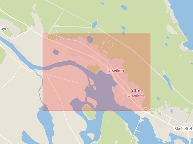 Karta som med röd fyrkant ramar in Västerbotten, Järnvägsallén, Umeå, Skelleftehamnsvägen, Ursviken, Skellefteå, Bygdeå, Ystarvägen, Västerbottens län