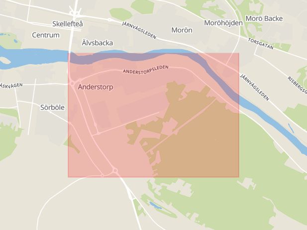 Karta som med röd fyrkant ramar in Anderstorp, Vilhelmina, Umeå, Haga, Skellefteå Centrum, Grisbacka, Ålidhem, Åheden, Västerbottens län