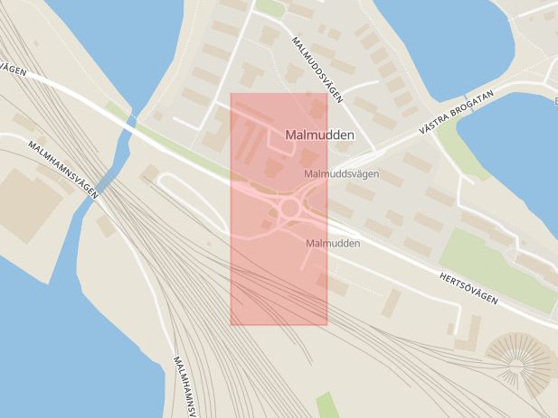 Karta som med röd fyrkant ramar in Malmudden, Malmuddsvägen, Luleå, Norrbottens län