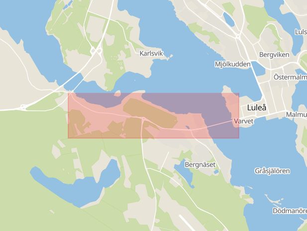 Karta som med röd fyrkant ramar in Luleå, Kronbacksvägen, Bredviken, Boden, Kungsbron, Arvidsjaur, Älvbrovägen, Gäddviken, Bergnäset, Norrbottens län
