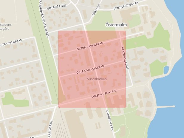 Karta som med röd fyrkant ramar in Östra Malmgatan, Luleå, Norrbottens län