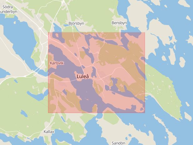 Karta som med röd fyrkant ramar in Björkskatan, Hälsocentralen, Maria, Luleå, Norrbottens län