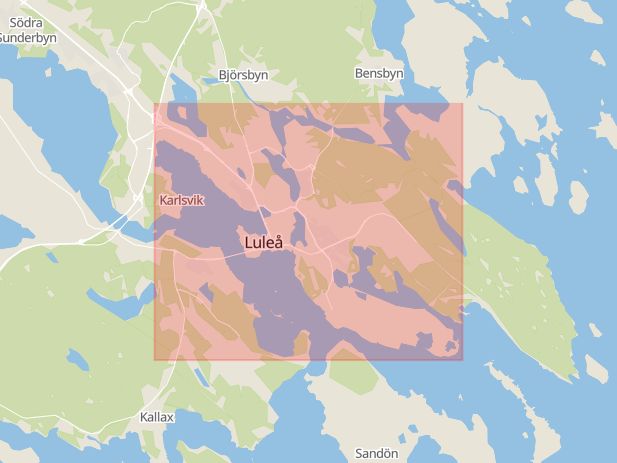 Karta som med röd fyrkant ramar in Branten, Luleå, Boden, Piteå, Arvidsjaur, Audio Video, Norrbottens län