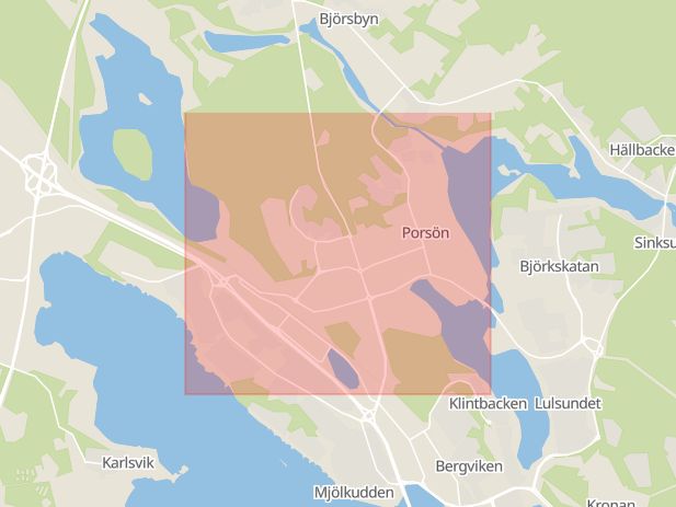 Karta som med röd fyrkant ramar in Porsön, Luleå, Munksundsvägen, Piteå, Gällivare, Grytnäs, Kalix, Norrbottens län