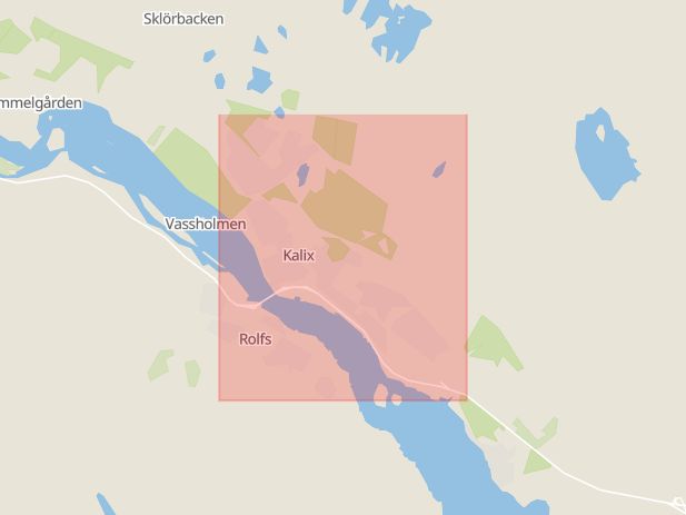 Karta som med röd fyrkant ramar in Kalix, Luleå, Hertsön, Kiruna, Jokkmokk, Moskosel, Kåbdalis, Boden, Kalven, Risögrund, Norrbottens län