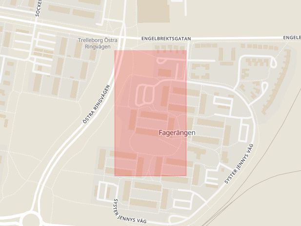Karta som med röd fyrkant ramar in Fagerängen, Syster Jennys Väg, Trelleborg, Skåne län