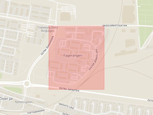 Karta som med röd fyrkant ramar in Syster Jennys Väg, Trelleborg, Skåne län