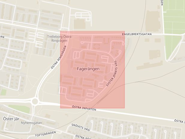 Karta som med röd fyrkant ramar in Syster Jennys Väg, Trelleborg, Skåne län