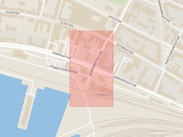 Karta som med röd fyrkant ramar in Kontinentgatan, Hamngatan, Trelleborg, Skåne län