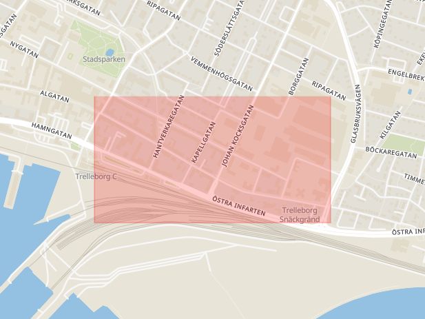 Karta som med röd fyrkant ramar in Östergatan, Trelleborg, Skåne län