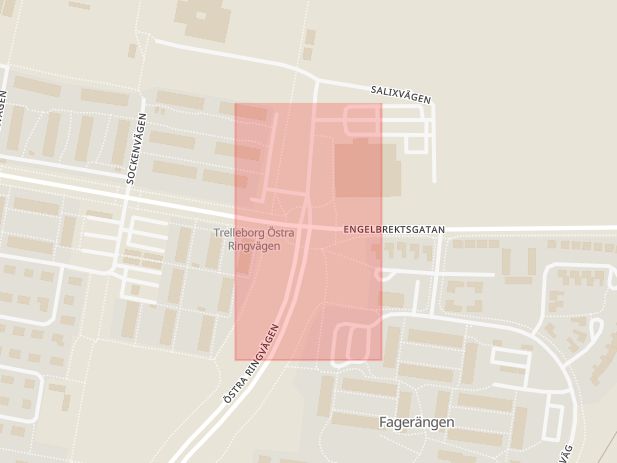 Karta som med röd fyrkant ramar in Östra Ringvägen, Engelbrektsgatan, Trelleborg, Skåne län