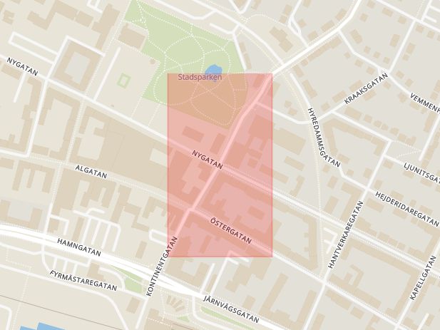 Karta som med röd fyrkant ramar in Nygatan, Östra Vallgatan, Trelleborg, Skåne län