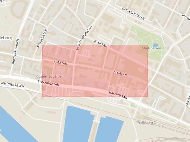Karta som med röd fyrkant ramar in Algatan, Nygatan, Trelleborg, Skåne län