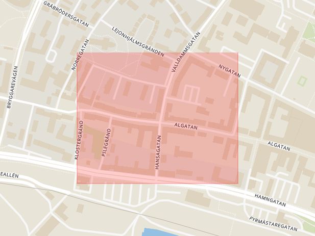 Karta som med röd fyrkant ramar in Algatan, Trelleborg, Skåne län