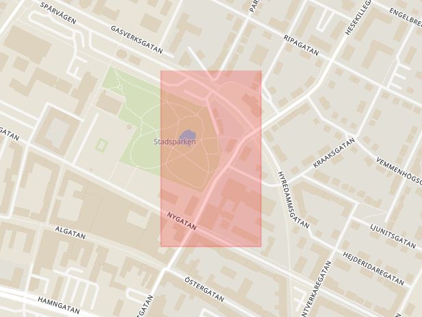Karta som med röd fyrkant ramar in Östra Vallgatan, Trelleborg, Skåne län