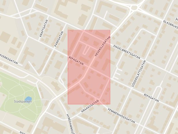Karta som med röd fyrkant ramar in Hesekillegatan, Ripagatan, Trelleborg, Skåne län