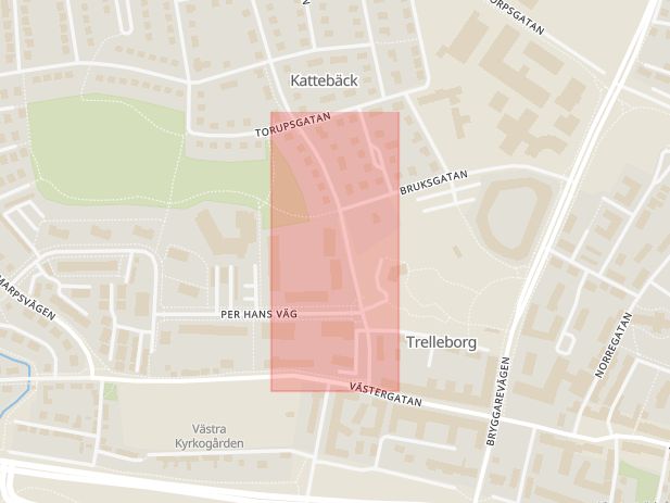 Karta som med röd fyrkant ramar in Västra Vallgatan, Trelleborg, Skåne län