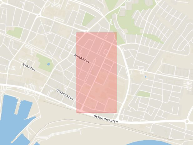 Karta som med röd fyrkant ramar in Johan Kocksgatan, Trelleborg, Skåne län