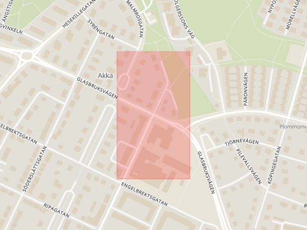 Karta som med röd fyrkant ramar in Hedvägen, Johan Kocksgatan, Trelleborg, Skåne län