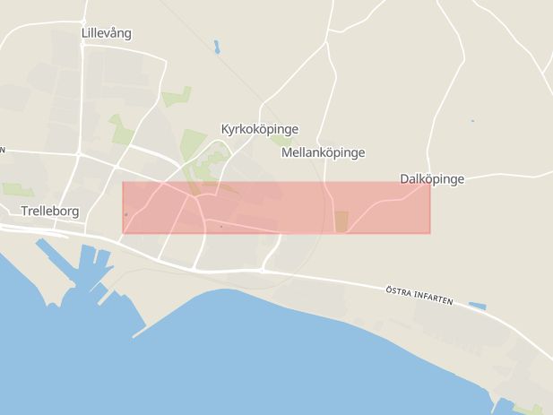 Karta som med röd fyrkant ramar in Engelbrektsgatan, Trelleborg, Skåne län
