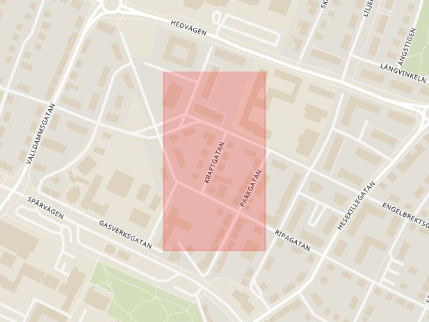 Karta som med röd fyrkant ramar in Kraftgatan, Trelleborg, Skåne län