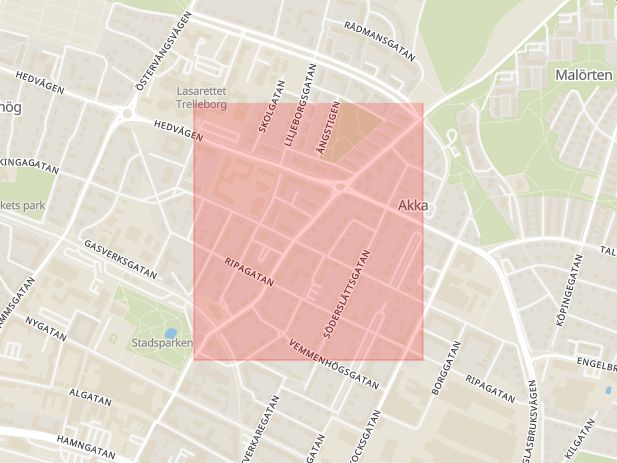 Karta som med röd fyrkant ramar in Hesekillegatan, Trelleborg, Skåne län