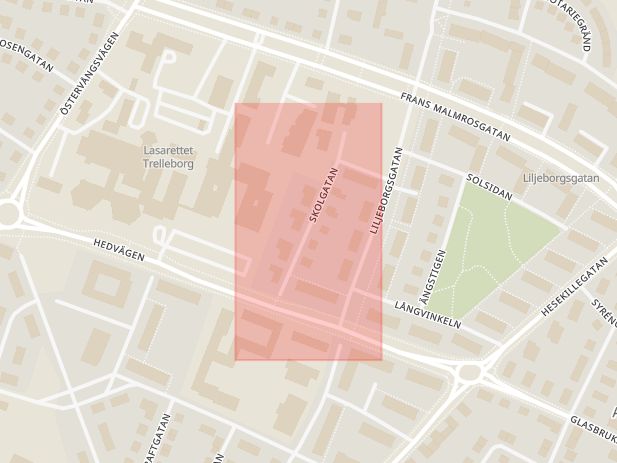 Karta som med röd fyrkant ramar in Skolgatan, Trelleborg, Skåne län