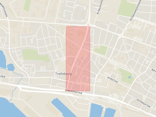 Karta som med röd fyrkant ramar in Bryggaregatan, Trelleborg, Skåne län