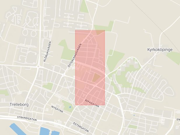 Karta som med röd fyrkant ramar in Liljeborgsgatan, Trelleborg, Skåne län