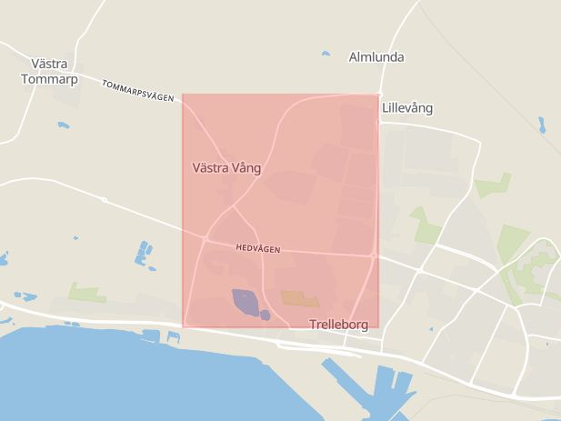 Karta som med röd fyrkant ramar in Västra Ringvägen, Trelleborg, Skåne län