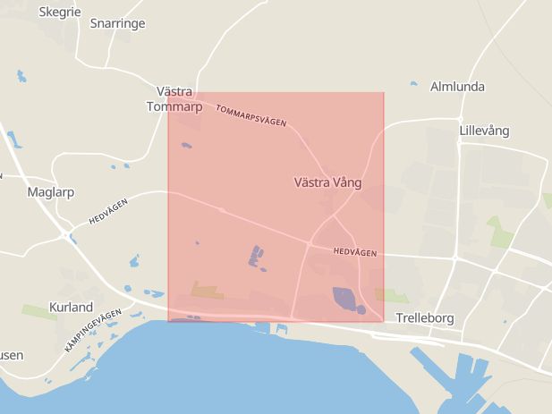 Karta som med röd fyrkant ramar in Tommarpsvägen, Hammarlöv, Trelleborg, Skåne län