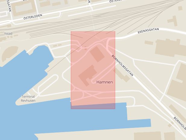 Karta som med röd fyrkant ramar in Bornholmsgatan, Färjeterminalen, Ystad, Skåne län