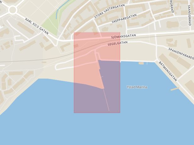 Karta som med röd fyrkant ramar in Segelgatan, Småbåtshamnen, Ystad, Skåne län