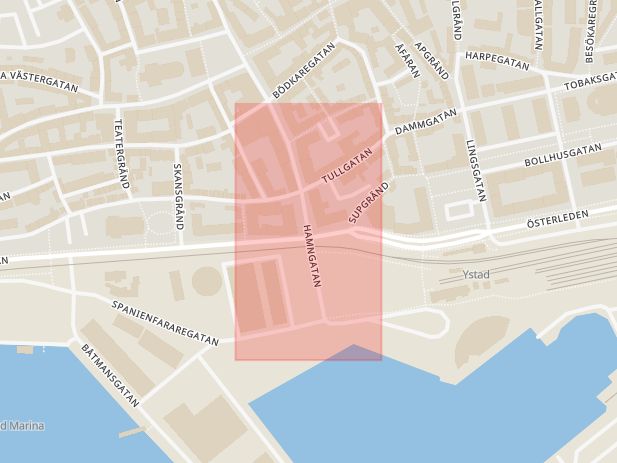 Karta som med röd fyrkant ramar in Hamngatan, Österleden, Ystad, Skåne län